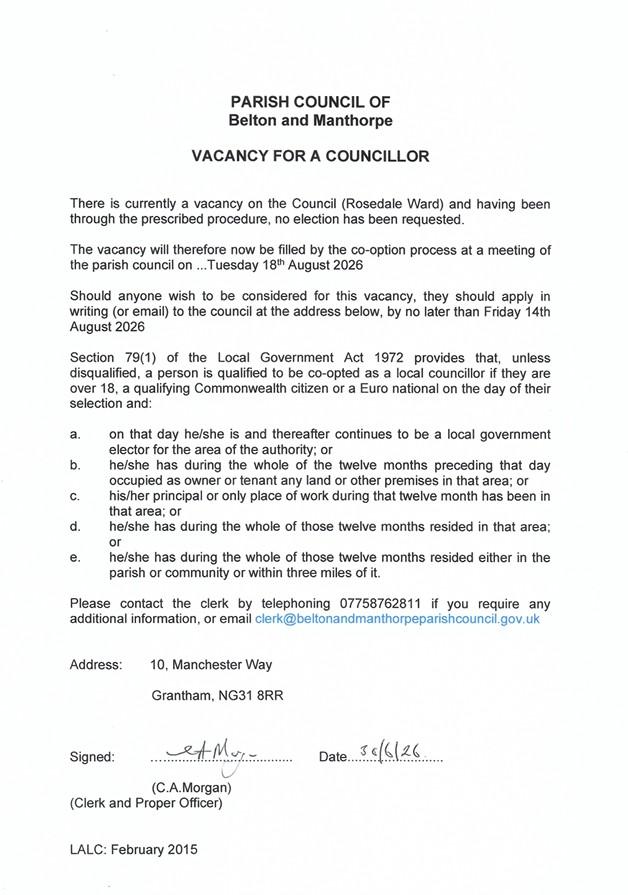 Belton and Manthorpe vacancy