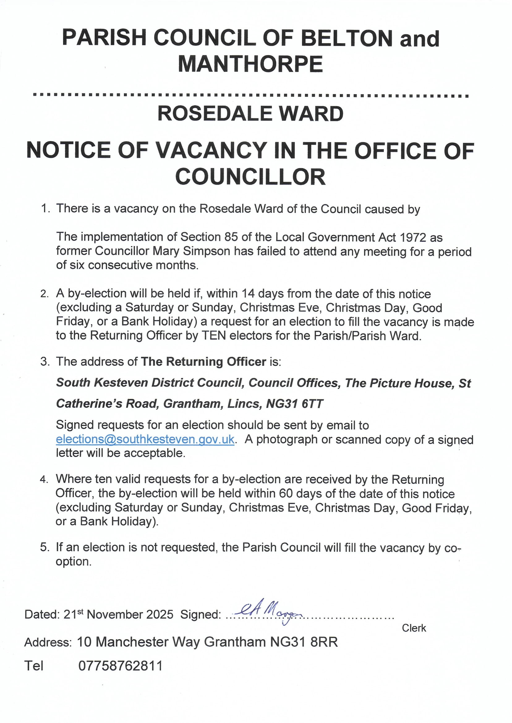 Cllr Vacancy Nov 2025